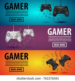 Gamer concept. One player against the second player, two realistic joystick on a colored background. vector illustration flat
