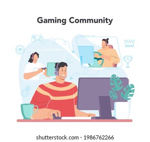 Gamer concept. Person play on the computer video game. E-sports comunity, pro streamer. Virtual championship, VR competition. Vector illustration in cartoon style