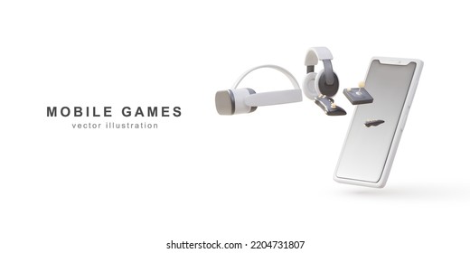 Gamer concept with smartphone. Banner. Game console controller, headphones, joystick, VR glasses. Vector illustration.