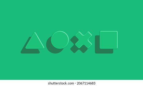 Gamer concept soft green background horizontal, console play game joystick 3d symbols square, triangle, circle, cross geometric shapes with shadows.