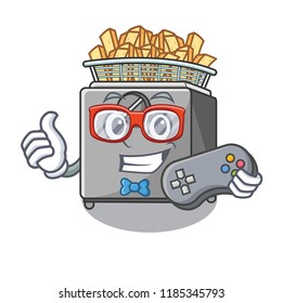 Gamer cooking french fries in deep fryer cartoon