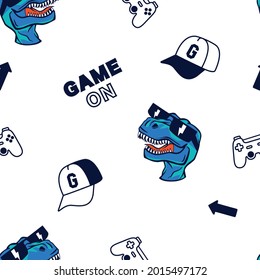 Dinosaurios de gamer sin fisuras. Impresión vectorial de consola. Diseño de camisetas divertidas para niños. Diseño de personajes de dinosaurio.