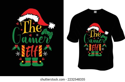 Der Gamer Elf, Weihnachts-T-Shirt-Design.Bereit zum Drucken für Bekleidung, Plakat und Illustration. Modernes, einfaches, Buchstabieren.
