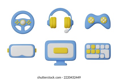 Gamer equipment 3d render set, vector illustration isolated on white background. Joystick, keyboard, computer screen, headset and VR glasses. Concepts of gaming and virtual reality.