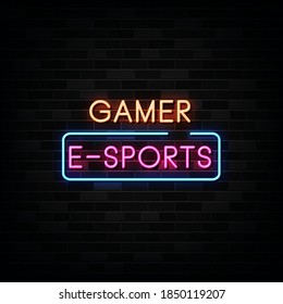 Gamer  e-sport  neon signs vector. Design template neon sign