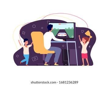 Gamer and fans. Cyber sports games. Videogames, guy and cheering fans. Brother sister with computer. Happy children vector illustration