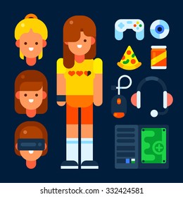 Gamer female and items for game. Vector flat illustration.