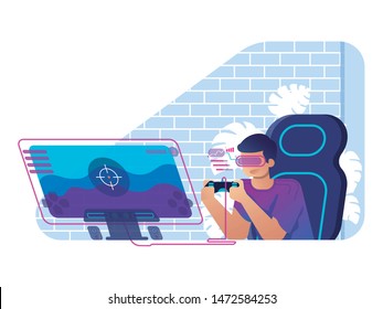 Gamer flat illustration. Young boy playing game on front of monitor with virtual reality glasses