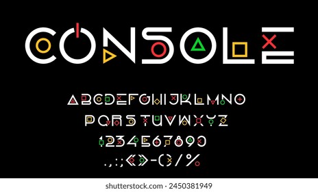 Gamer font, arcade game play type, creative typography type, english alphabet. Alphabet figures and numbers, English ABC vector typeset letters and digits with gamer console controller buttons symbols