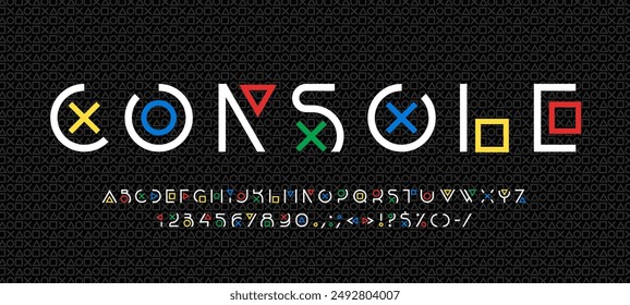 Gamer font, arcade game typeface, video type, english alphabet letters and numbers vector typography. Modern gamer font of abc characters with geometric neon symbols of video game console buttons