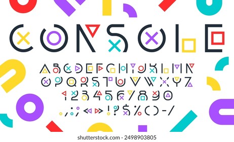 Gamer Schriftart oder Arcade-Spiel Schriftart und Video-Typ, Vektor Englisch Alphabet. Gamer Schriftart mit Buchstaben in Konsole Gamepad Tasten Stil, dünne Linie moderne abstrakte Art oder Arcade-Spiel-Design-Schriftart