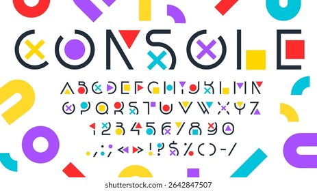 Fonte do jogador ou tipo de jogo arcade e tipo de vídeo, alfabeto inglês vetorial. Fonte do jogador com letras no estilo dos botões do gamepad do console, tipo abstrato moderno da linha fina ou face do tipo do projeto do jogo de arcade