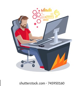 Gamer in front of computer isolated on white background. Vector illustration with cyber sportsman sitting on office chair in white headphones