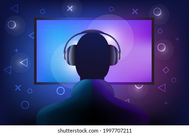 Gamer in front of a screen and playing online game ,vector inage