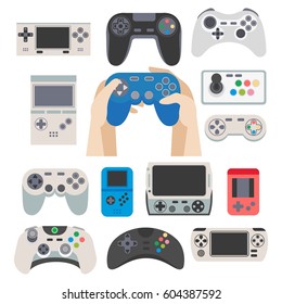 Gamer gamepad vector flat icons set. Gaming controllers and joysticks for video game on computers and smartphones applications