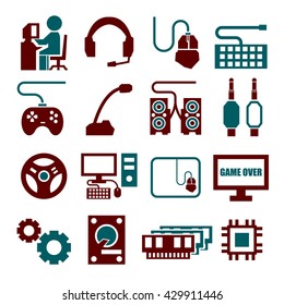 gamer, gaming gear icon set