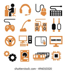 gamer, gaming gear icon set