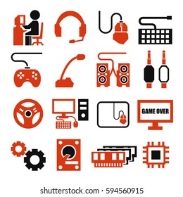 gamer, gaming gear icon set