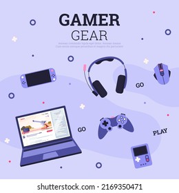 Gamer gear banner or card design with gadgets for computer and VR games, flat cartoon vector illustration. Game electronic equipment, aids and appliances.