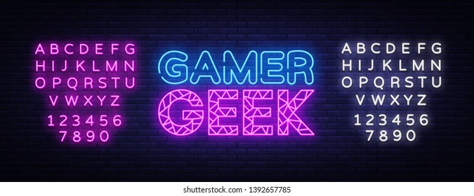 Gamer Geek Neon Text Vector. Gaming neon sign, design template, modern trend design, night signboard, night bright advertising, light banner, light art. Vector. Editing text neon sign