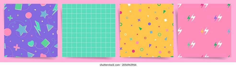 Gamer geometric seamless pattern set. Best for fabric or paper decorative design. Square vector pattern with geometric shapes like square, triangle, star and circle. Set of modern tileable patterns.