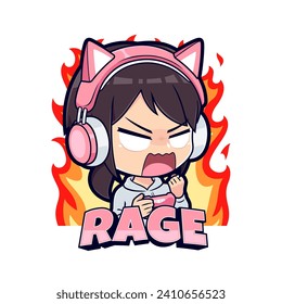 Gamer girl angry emotion cartoon character mascot logo vector