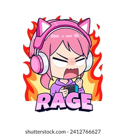 Gamer girl angry emotion cartoon character mascot logo vector