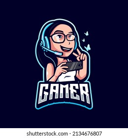 Gamer Girl Cartoon Esport Mascot Logo Design Illustration