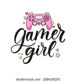 Gamer girl colorful design with lettering, kawaii gamepad, hearts stars. Cartoon Gamer quote for logo, card, sticker, poster, card, textile. Cute gamer girl vector illustration with pink controller