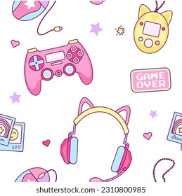 Gamer girl colorful seamless pattern. Vector illustration flat style. Cute game girl Cartoon endless texture with girly decor: Cat ear headphones, controller, rainbow, mice, game over pixel sign.