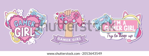 Gamer girl colorful sticker set with kawaii\
objects gamepad, cat ear headphones, tamagotchi, stars. Cartoon\
Gamer quote for logo, pin, card, sticker, poster, card, textile.\
Flat vector illustration