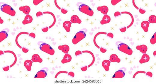 Gamer girl concept design seamless pattern with pink color joystick, headset and virtual reality glasses, vector illustration
