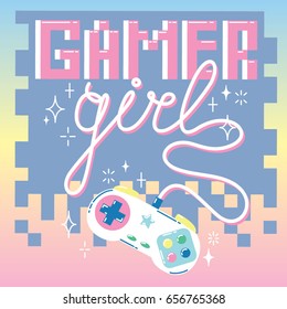 Gamer girl. Cute card with colorful retro game controller.