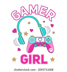 Gamer girl cute vector illustration with headphones, game controller, hearts and stars. Kawaii pink gamer girl vector illustration. Flat style gamer design for card, print, poster, textile etc. 