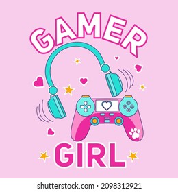 Gamer girl cute vector illustration with headphones, game controller, hearts and stars. Kawaii pink gamer girl vector illustration. Flat style gamer design for card, print, poster, textile etc.