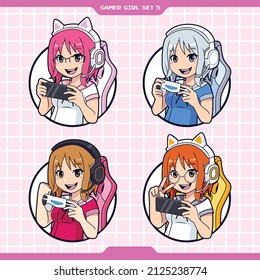 Gamer girl esport mascot logo cartoon set