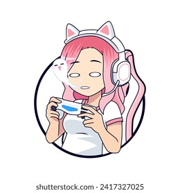 Gamer girl exhausted expressions sticker gaming mascot logo illustration