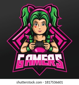 Gamer Girl With Green Hair And Holding A  Joystick Mascot. Sport Illustration Design For Logo Esport Gaming Team Squad