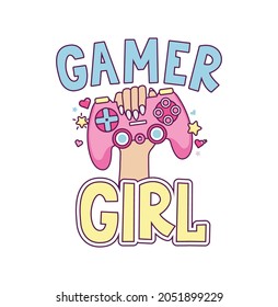 Gamer girl hand drawn vector illustration with hand holding a pink gaming controller and lettering. Cute kawaii 90s vintage design for sticker, logo, pin, print, card, birthday party. Flat style