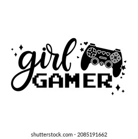 Gamer Girl Hand Drawn Vector Illustration With Gaming Controller And Lettering. Cute Vintage Design For Sticker, Logo, Pin, Print, Card, Birthday Party. Flat Style Gamer Quote.