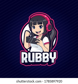 Gamer girl holding smartphone logo mascot