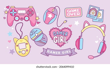 Gamer Girl kawaii elements set. Vintage Pink Kawaii Girl 90’s Game vector illustration for sticker, pin, card, poster. Cat ear headphones, tamagotchi, gamepad, rainbow, mice, game over pixel sign.