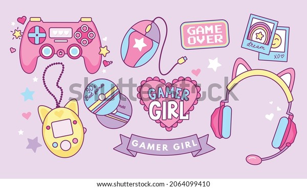 Gamer Girl kawaii elements set. Vintage Pink Kawaii\
Girl 90’s Game vector illustration for sticker, pin, card, poster.\
Cat ear headphones, tamagotchi, gamepad, rainbow, mice, game over\
pixel sign.