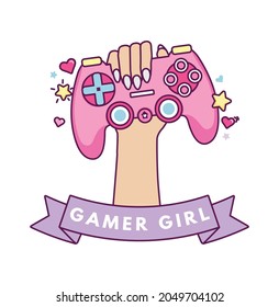 Gamer girl kawaii vector illustration with hand holding a pink gaming controller. Cute 90s vintage gamer design for sticker, logo, pin, print, card, birthday party etc. Flat style vector illustration