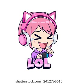 Gamer girl laughing face expression mascot logo sticker