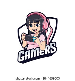 Gamer girl playing portabe console gaming esport logo