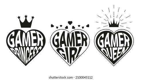 Gamer Girl Princess. Gamer Queen. Black Gamer Girl Quotes With Hearts And Crowns Flat Style Vector Illustration. Gamer Quotes Set Isolated On White For Sticker, Print, Card, Poster Etc.