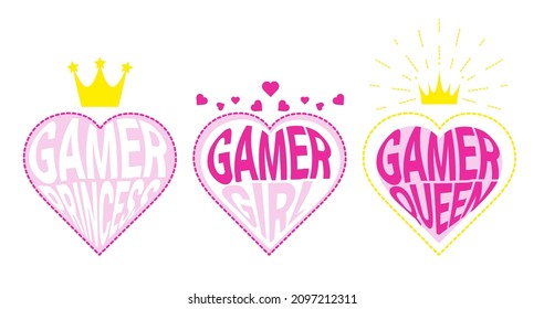 Gamer girl. Gamer Princess. Gamer queen. Colorful gamer girl quotes with hearts and crowns flat style vector illustration. Pink gaming design elements for sticker, print, card, poster etc.