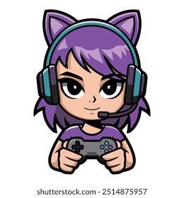 Gamer Girl with purple Hair, Cat Ears and Headset Cartoon Illustration