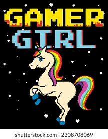 Gamer Girl With Retro Pixel Unicorn And Rainbow Tail